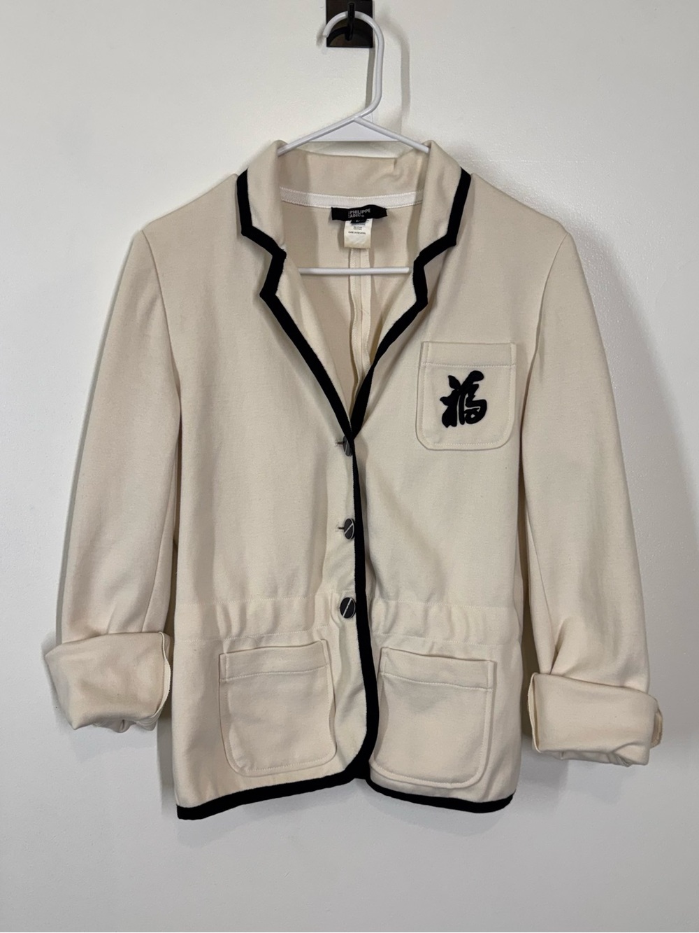 Philippe Adec Cream Blazer Black Trim Size Large 3 buttons Soft Cotton Vintage